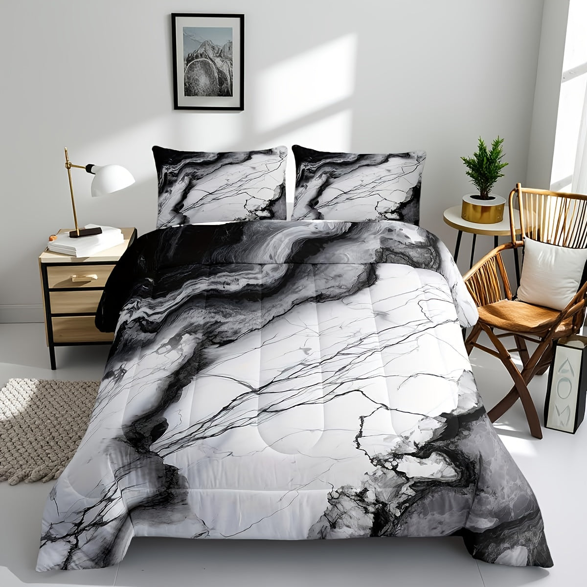 3pcs Marble Print Comforter Set Full/Queen/King Size Marbling Abstract Stone Texture Bedding Set Artwork Chinese Style Comforter Black White Grey for Women Men Adults Living Room Bedroom Decor with 1 Comforter And 2 Pillowcases Ink Wash Painting, Home