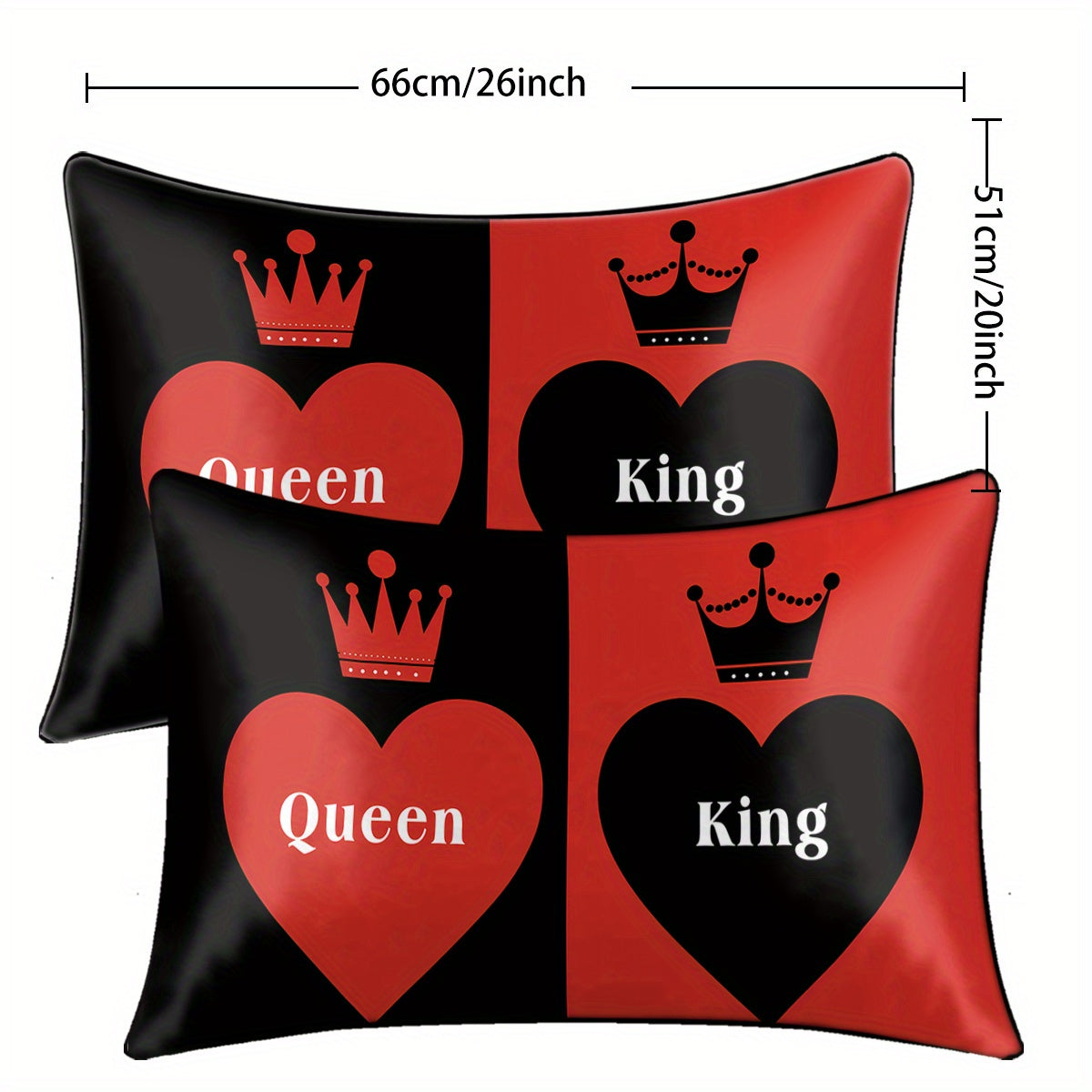 2pcs Royal Crown & Heart Print Satin Pillow Covers - "Queen" & "King" Design, 100% Polyester, Machine Washable, Perfect for Bedroom Decor, Bedroom Decor|Royal Theme Decor|Smooth Texture