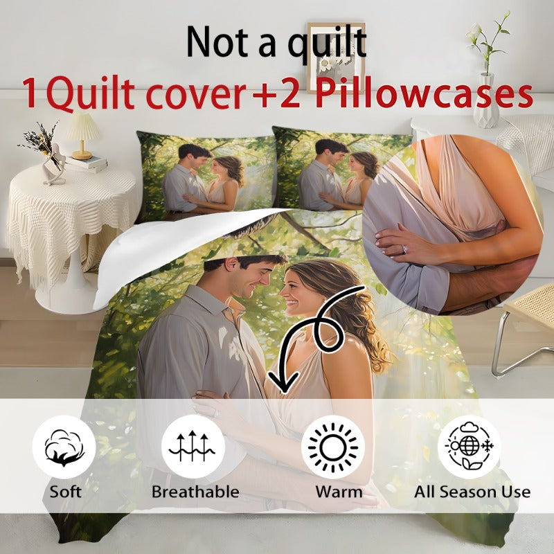 Customize Your Personalized Photos 2/3pcs Set – Exclusive Couple Photo Quilt Cover & Pillowcase Set for All Seasons, Polyester Fabric with Zipper Closure and Single-Sided Printing, Machine Washable – Bedding Set (1x Quilt + 2x Pillows), No Inserts,
