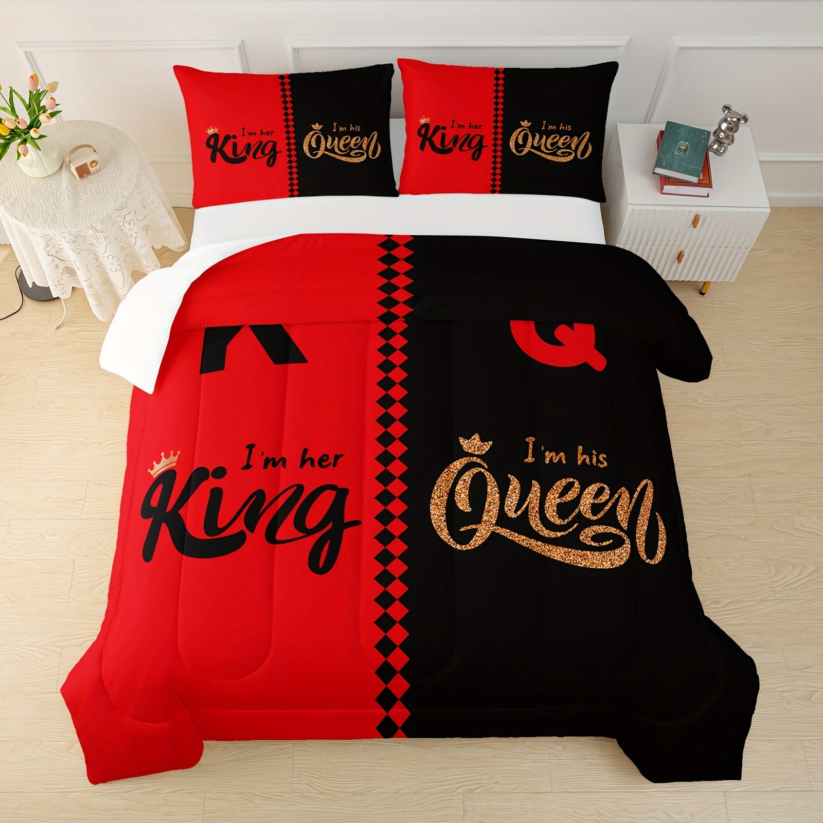 3-pcs Couple Comforter Set, Sun And Moon Themed Printed Bedding, Creative Design Queen And King Comforter Set For Adults Elegant And Comfortable Down Comforter Set (1*Comforter + 2*Pillowcase, Without Core)