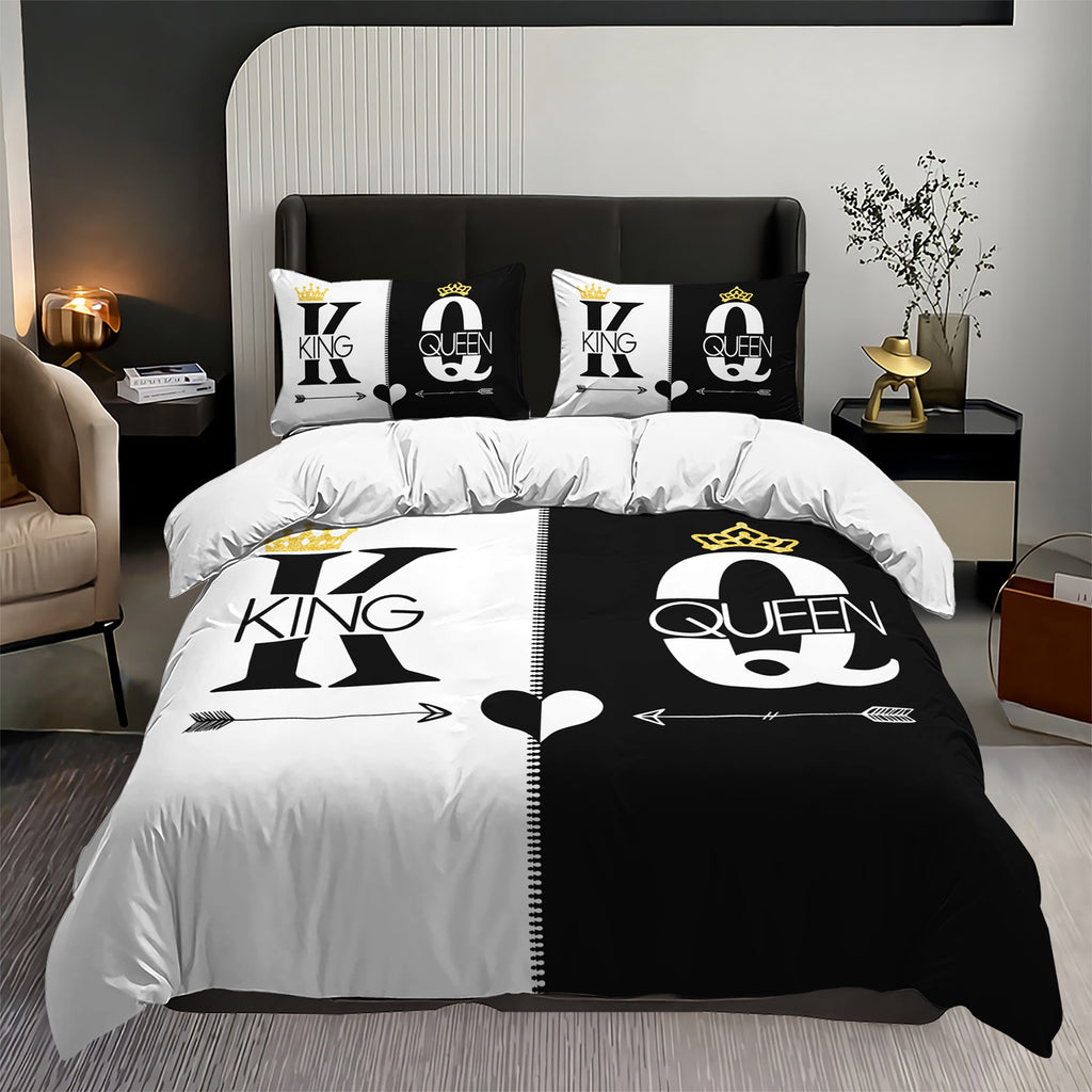 3pcs King Queen Duvet Cover Set Black White Couple Bedding Set Romantic Bedroom Decor Four Seasons (1Duvet Cover + 2Pillowcases NO Comforter)