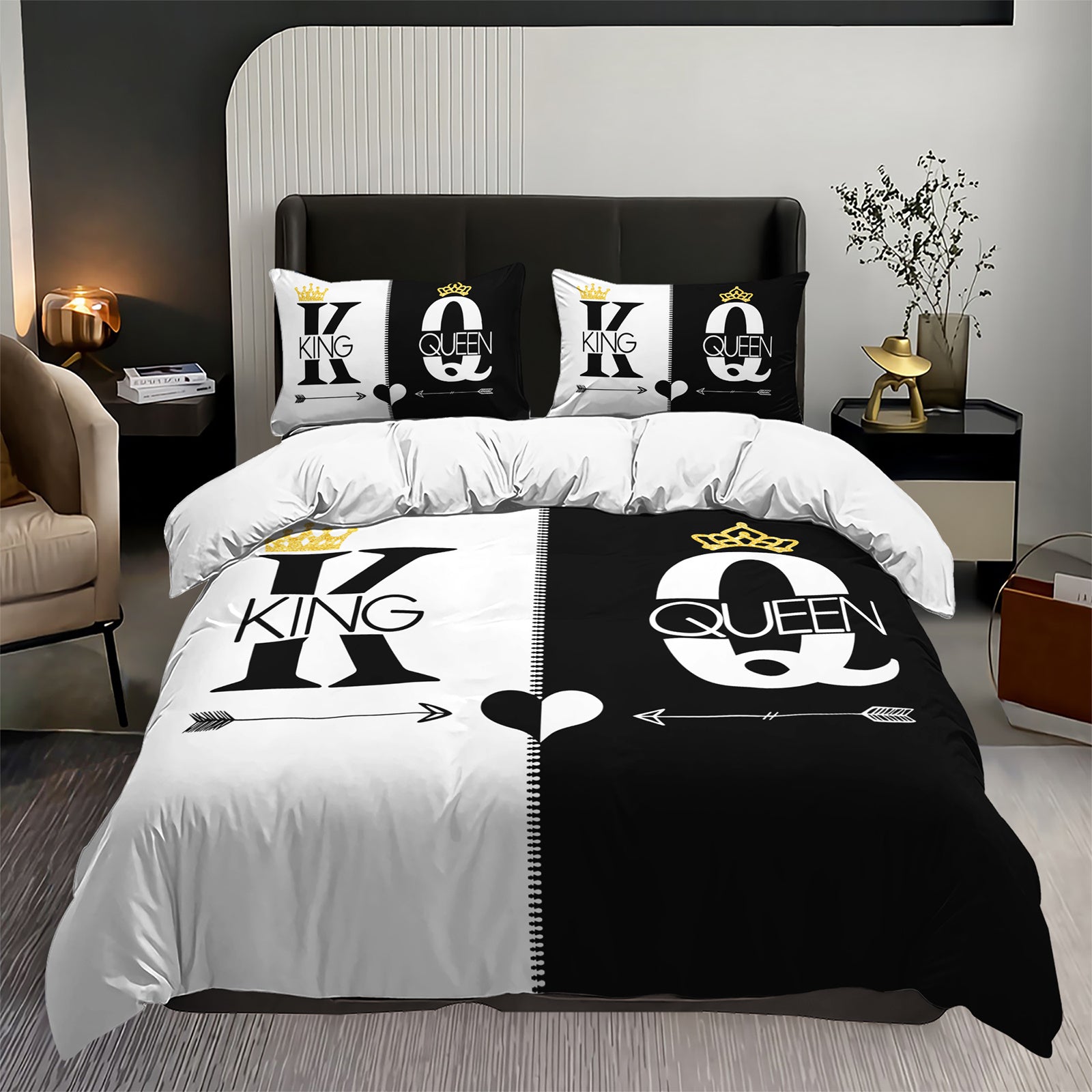 3pcs King Queen Duvet Cover Set Black White Couple Bedding Set Romantic Bedroom Decor Four Seasons (1Duvet Cover + 2Pillowcases NO Comforter)