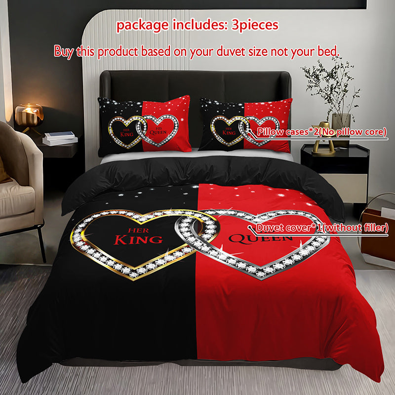 3pcs King Queen Hearts Luxury Bedding Duvet Cover Set Couple Bedding Quilt Set Romantic Themed Bed Quilt Set Anniversary Bedroom Decor Bed Quilt Set Four Seasons (1Duvet Cover + 2Pillowcase NO Comforter)