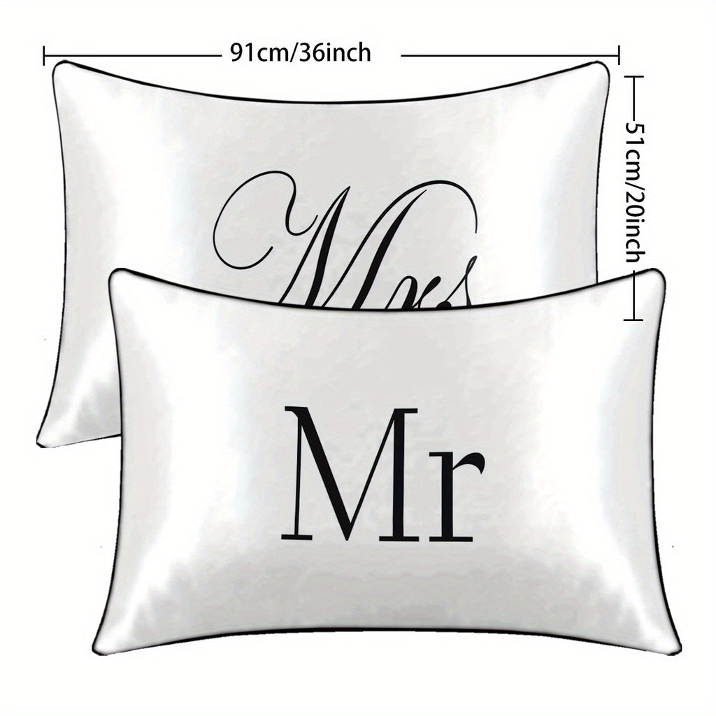 2pcs Mr & Mrs Print Satin Pillowcases - Elegant Script Design, 100% Polyester, Envelope Closure, All-Season Luxury Bedding for Couples, Machine Washable, Bedding Accessories, Sophisticated Design, Smooth Texture