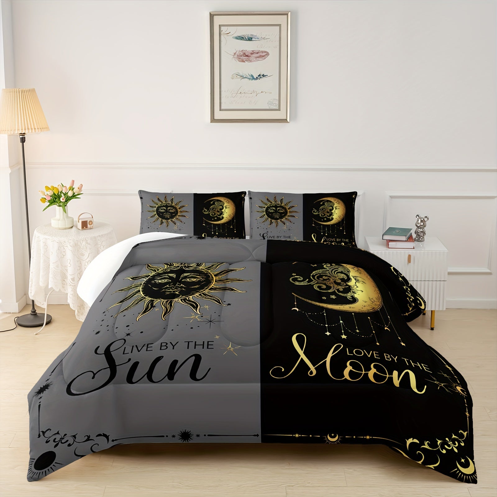 3-pcs Couple Comforter Set, Sun And Moon Themed Printed Bedding, Creative Design Queen And King Comforter Set For Adults Elegant And Comfortable Down Comforter Set (1*Comforter + 2*Pillowcase, Without Core)