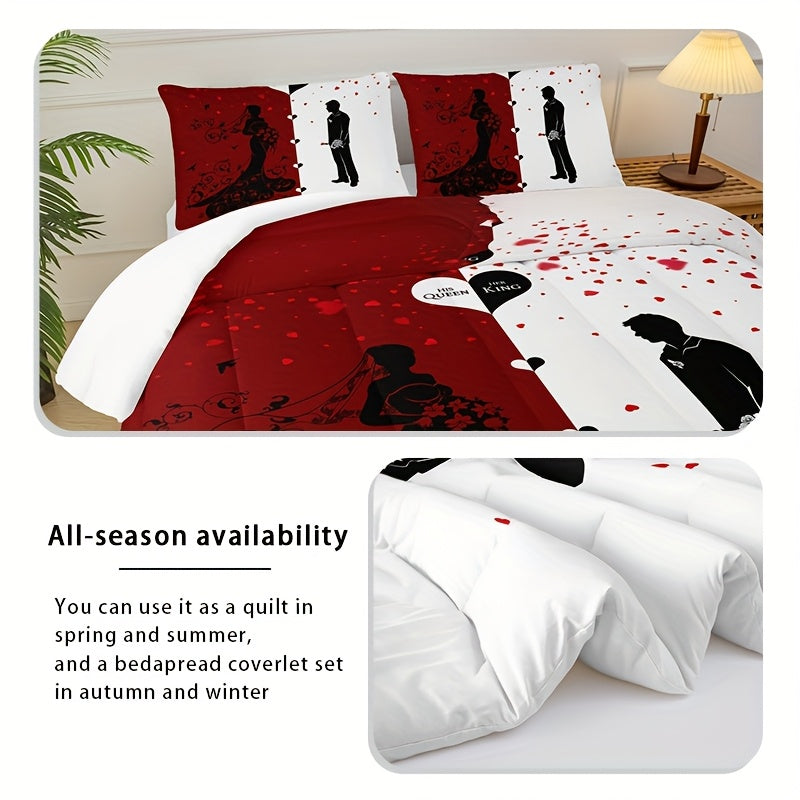 3pcs Set Valentine's Day Love Comforter Set, Red And White Bedding Set (1 Bed Comforter + 2 Pillow Cases), Four Seasons Comforter, Soft Comfortable And Breathable Printed Bedding for Home Dorm Decoration