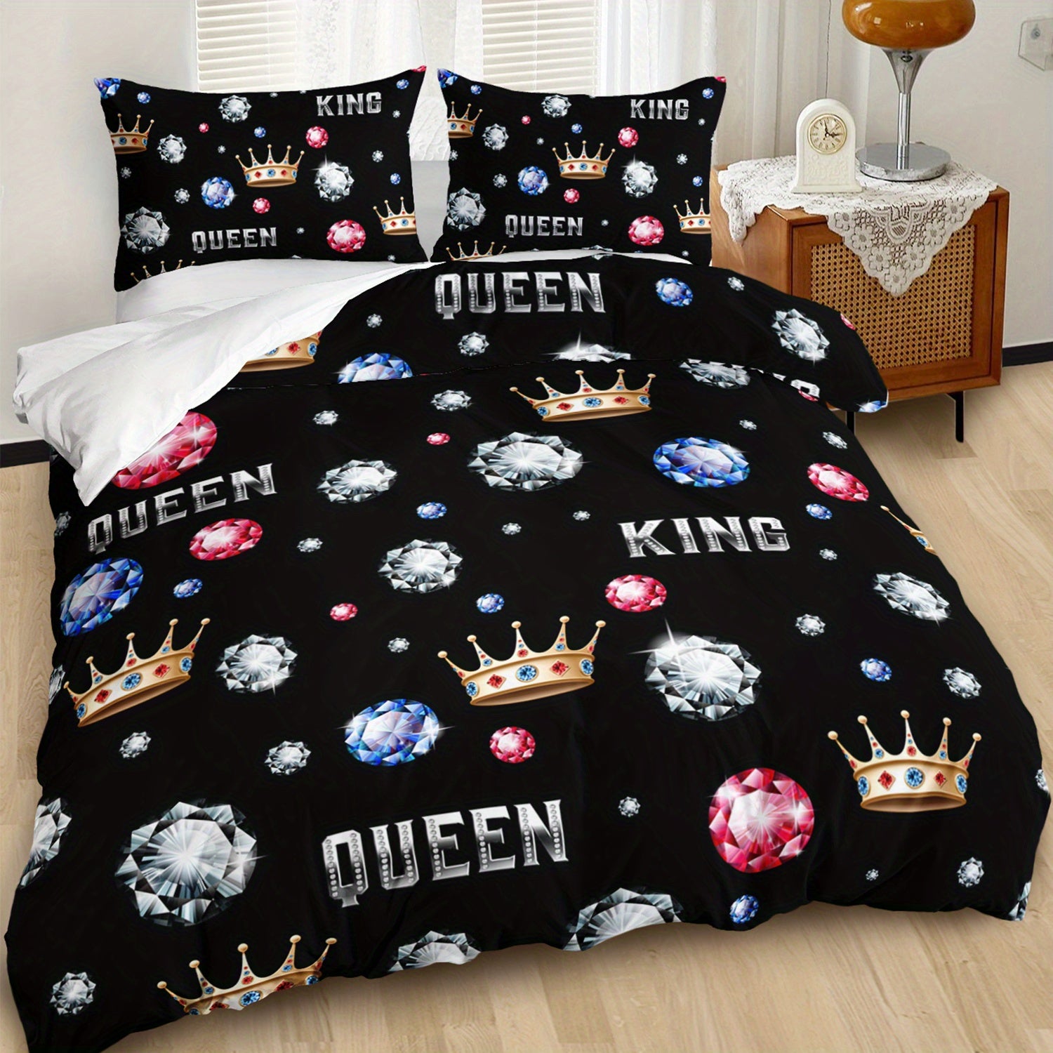 3pcs King Queen Crowns and Diamonds 3D Digital Printed Duvet Cover Set Romantic Couple Bedding Set for Four Season Queen Size Black Bedding for Bedroom or Guest Room Decor Polyester Comforter Cover Gift 1 Quilt Cover+2 Pillowcases