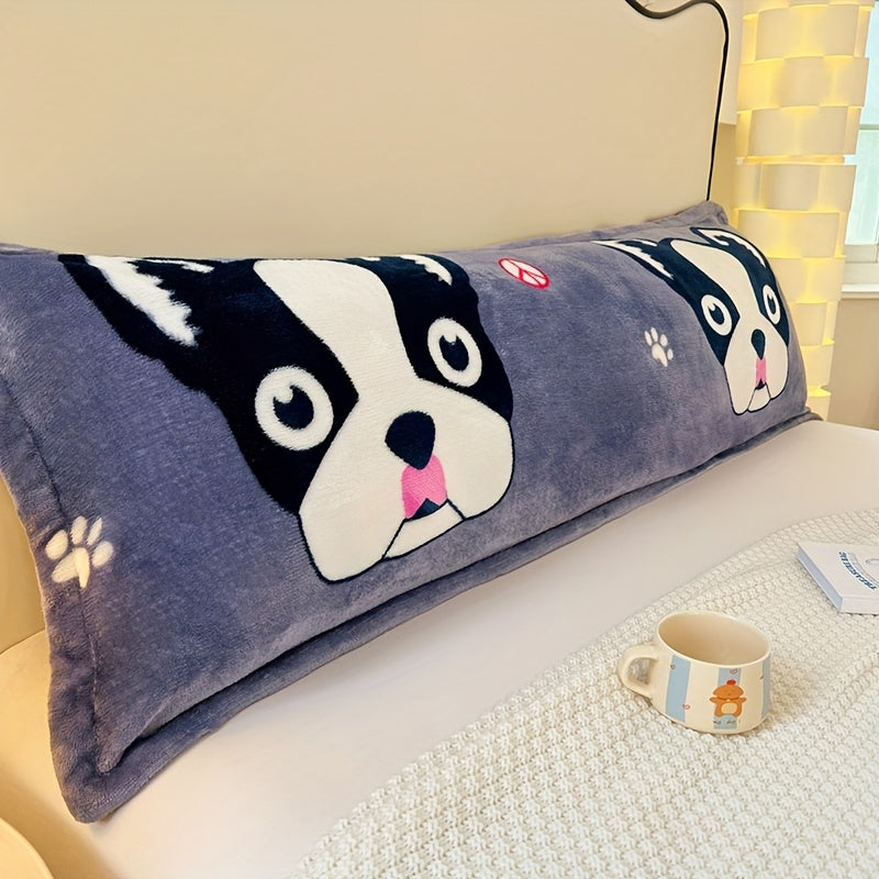 Cartoon Dog Print Plush Pillowcase | Soft Flannel Polyester | Zippered Closure | Machine Washable | All-Season Comfort | Ideal for Couples' Bedroom Decor