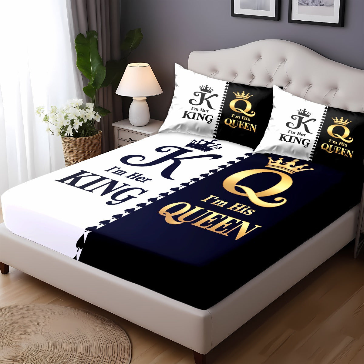 King & Queen Print Bedding Set 3pcs, Soft Cozy Non-Slip Lightweight Fitted Sheet with Elastic Corners And Matching Pillowcases, Fashion-Forwad Decorations for Dorm Bedroom Apartment Hotel, Idea for Christmas Birthday Gifts