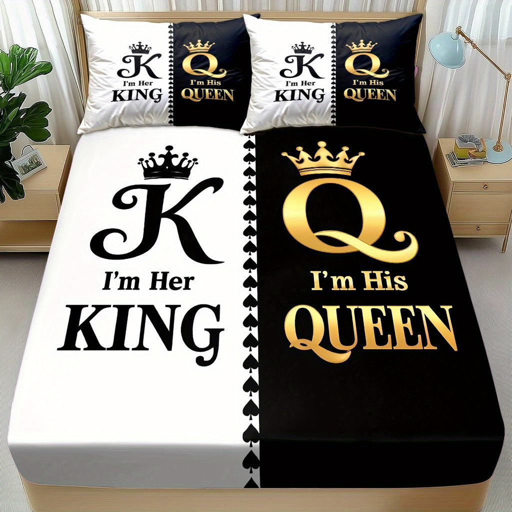 King & Queen Print Bedding Set 3pcs, Soft Cozy Non-Slip Lightweight Fitted Sheet with Elastic Corners And Matching Pillowcases, Fashion-Forwad Decorations for Dorm Bedroom Apartment Hotel, Idea for Christmas Birthday Gifts