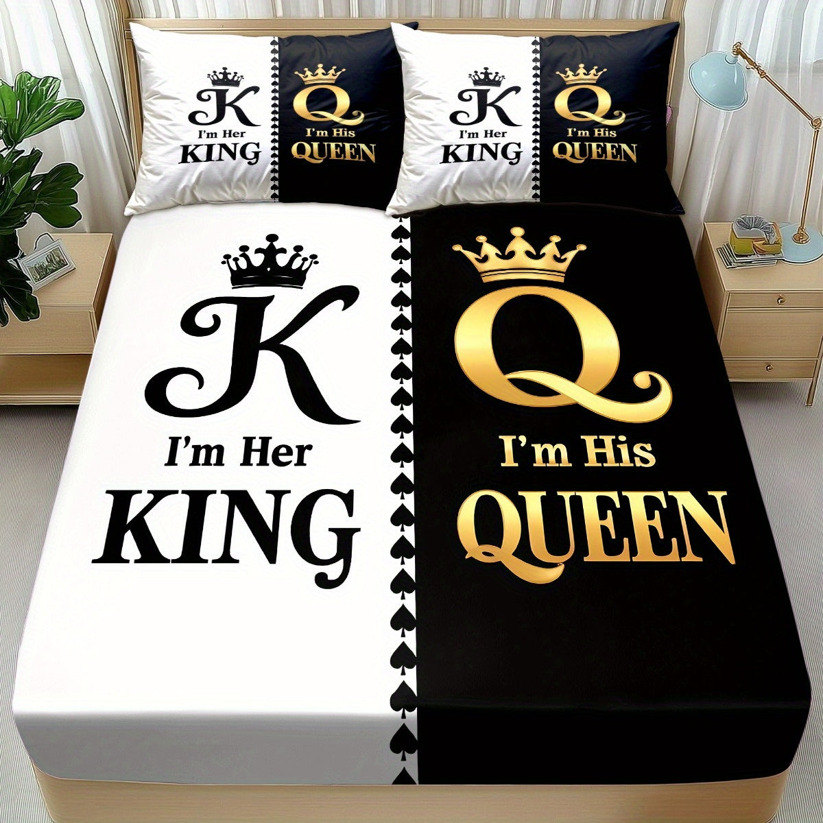 King & Queen Print Bedding Set 3pcs, Soft Cozy Non-Slip Lightweight Fitted Sheet with Elastic Corners And Matching Pillowcases, Fashion-Forwad Decorations for Dorm Bedroom Apartment Hotel, Idea for Christmas Birthday Gifts
