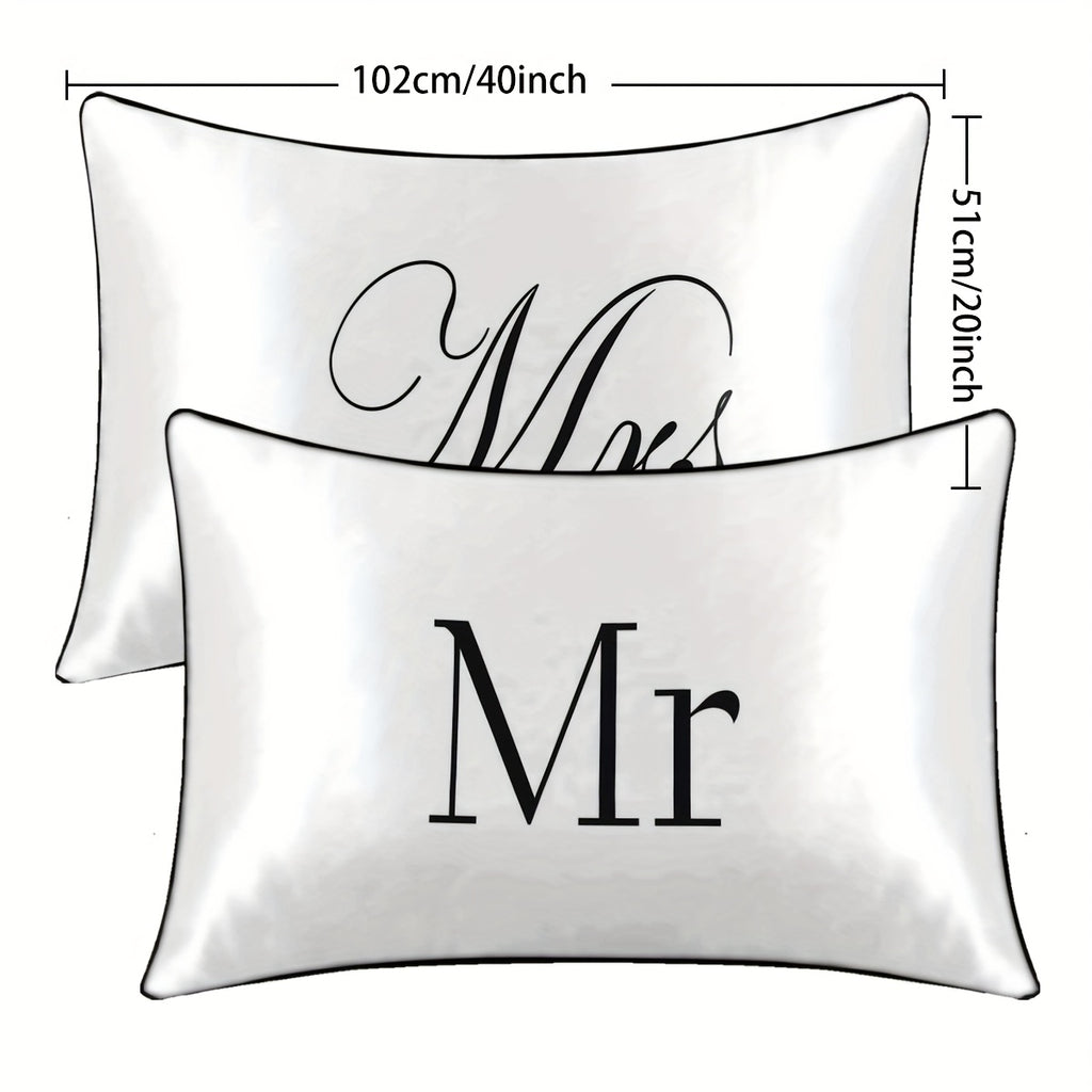 2pcs 100% Polyester Mr. And Mrs. Printed Bedroom Decorative Satin Pillowcases Available For All Seasons