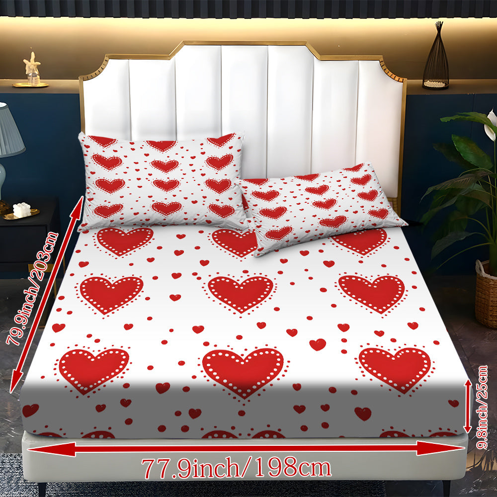 3pcs Valentine'S Day Bedding Set - Red Hearts on White Fitted Sheet & Pillowcases, Soft Mattress Protector with Deep Pocket (Fits Up to 11.42inch), Machine Washable All-Season Sheets for Couples, Hotels, Dorms - Coreless Design, Dorm Essentials, Romantic
