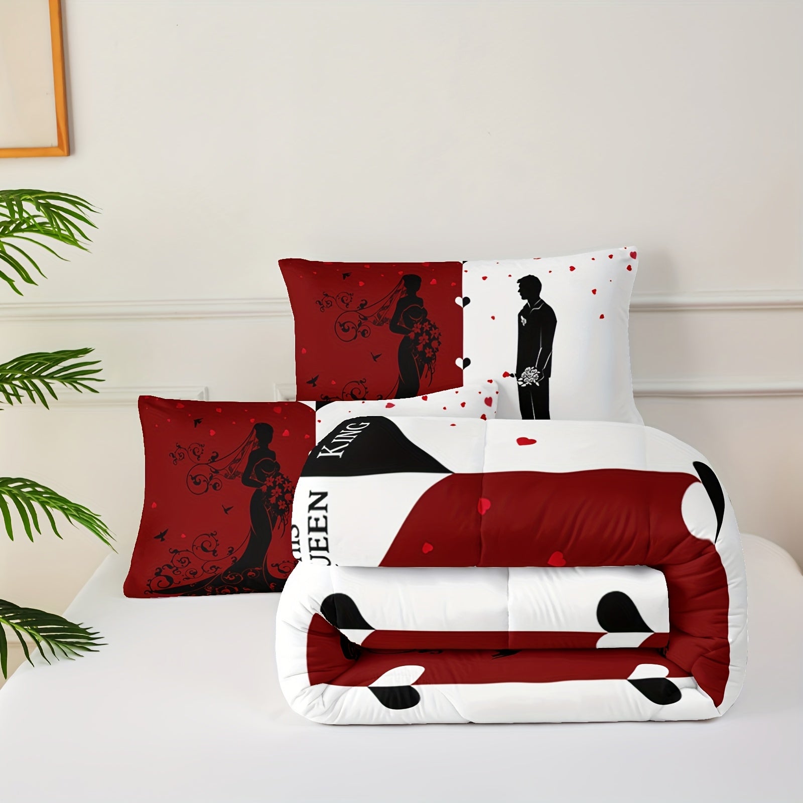 3pcs Set Valentine's Day Love Comforter Set, Red And White Bedding Set (1 Bed Comforter + 2 Pillow Cases), Four Seasons Comforter, Soft Comfortable And Breathable Printed Bedding for Home Dorm Decoration