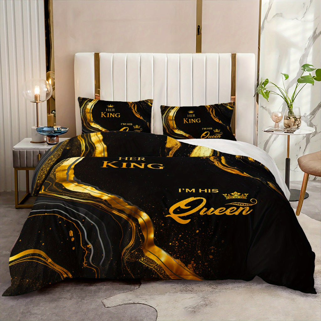 3pcs King Queen Couple 3D Digital Printed Duvet Cover Set Romantic Luxury Bedding Set for Four Season Black Golden Bedding for Bedroom or Guest Room Decor Polyester Comforter Cover Gift 1 Quilt Cover+2 Pillowcases