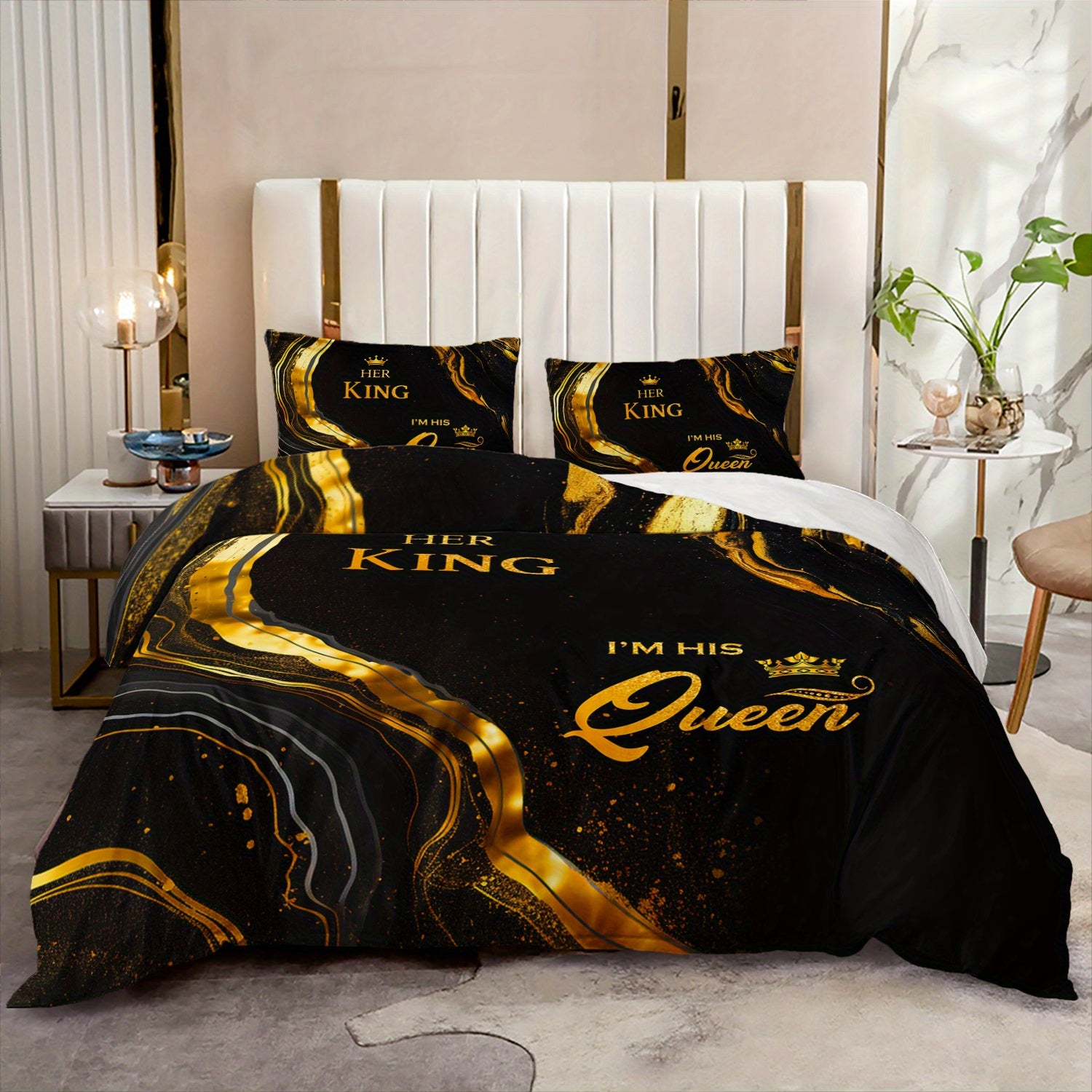 3pcs King Queen Couple 3D Digital Printed Duvet Cover Set Romantic Luxury Bedding Set for Four Season Black Golden Bedding for Bedroom or Guest Room Decor Polyester Comforter Cover Gift 1 Quilt Cover+2 Pillowcases