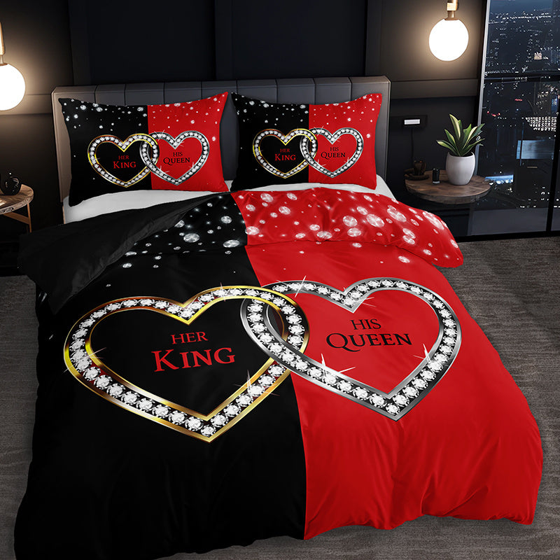 3pcs King Queen Hearts Luxury Bedding Duvet Cover Set Couple Bedding Quilt Set Romantic Themed Bed Quilt Set Anniversary Bedroom Decor Bed Quilt Set Four Seasons (1Duvet Cover + 2Pillowcase NO Comforter)