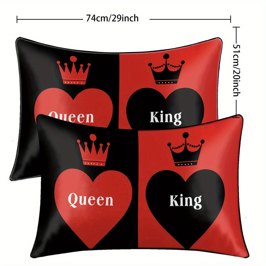 2pcs Royal Crown & Heart Print Satin Pillow Covers - "Queen" & "King" Design, 100% Polyester, Machine Washable, Perfect for Bedroom Decor, Bedroom Decor|Royal Theme Decor|Smooth Texture