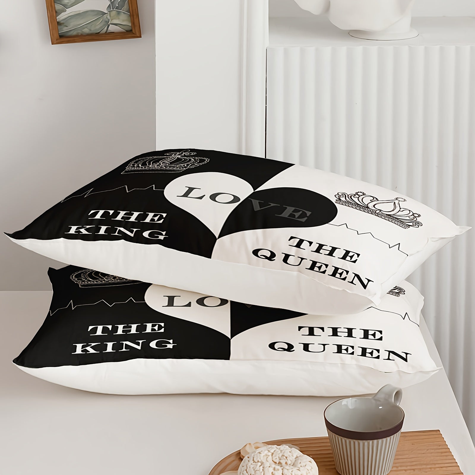 Black And White Love Pattern Comforter Set, Crown Print Bedding Sets, The King And Queen Soft Lightweight Bed Comforter Set Room Decoration, 1 Comforter Set 2 Pillowcases