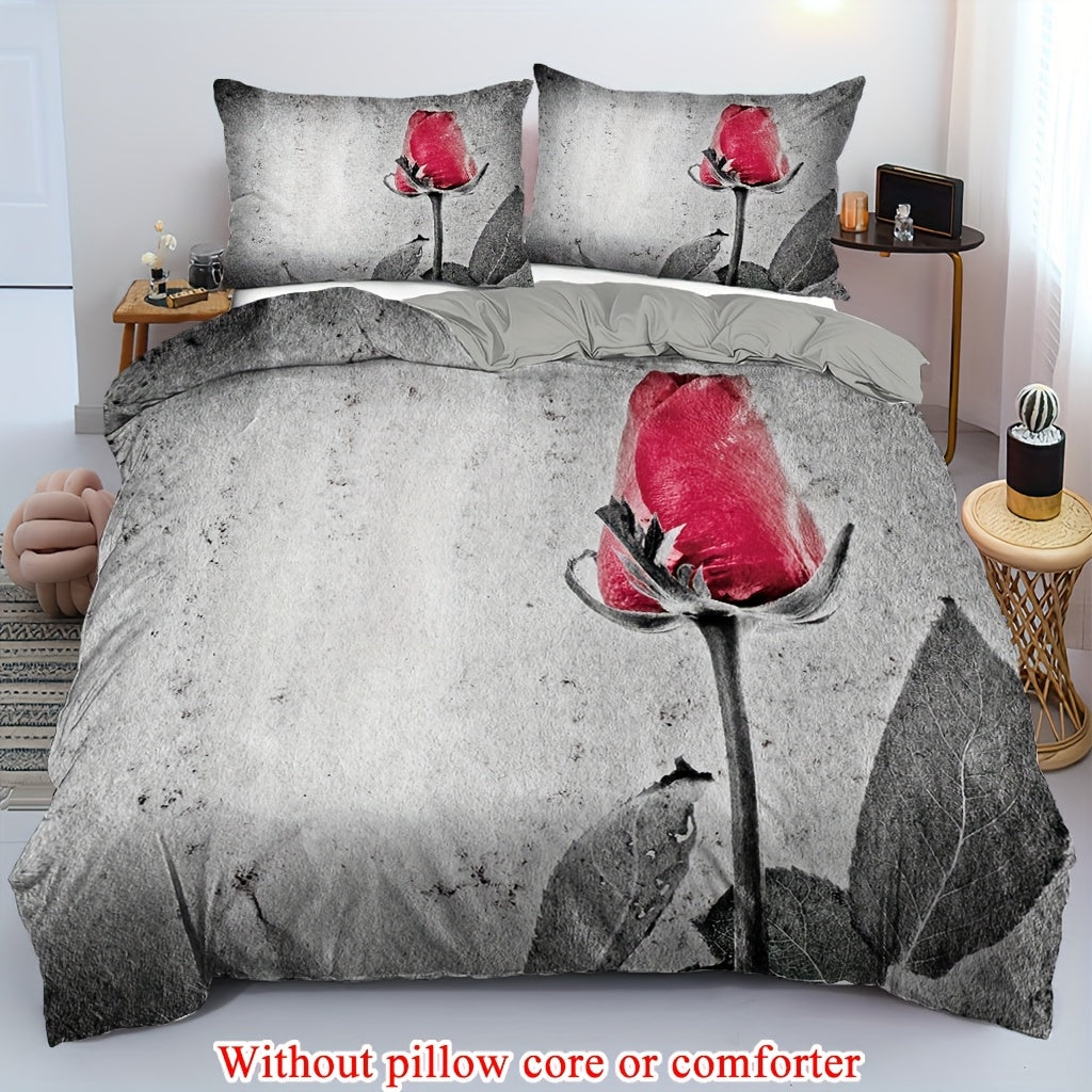 2/3pcs (1 Duvet Cover + 1/2 Pillowcase, Without Core) Retro Grey Background Red Rose Flowers Romantic Love Valentine'S Day Couple Print Soft Comfortable Bedding Set for Bedroom Dorm Room Family Gift