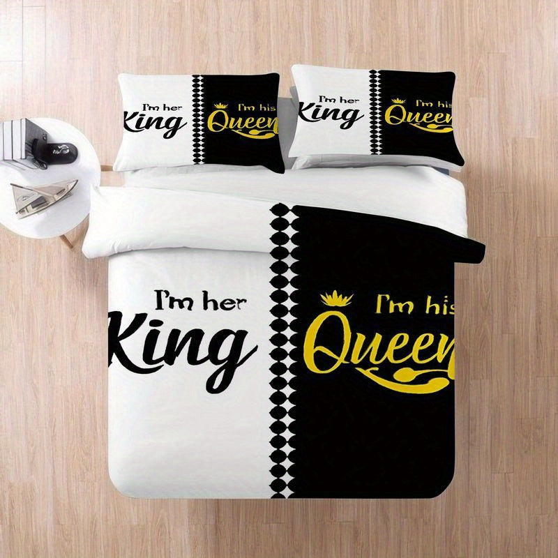 3pcs Couples King Queen Bedding Black White Design Duvet Cover with Pillowcases, His and Her Side Luxury Royal Crown Pattern, Romantic Valentine Gift Bedroom Decor, Soft Microfiber Fabric (1 + 2 Pillowcases)