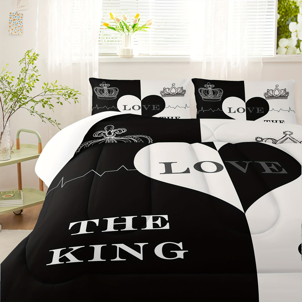 Black And White Love Pattern Comforter Set, Crown Print Bedding Sets, The King And Queen Soft Lightweight Bed Comforter Set Room Decoration, 1 Comforter Set 2 Pillowcases