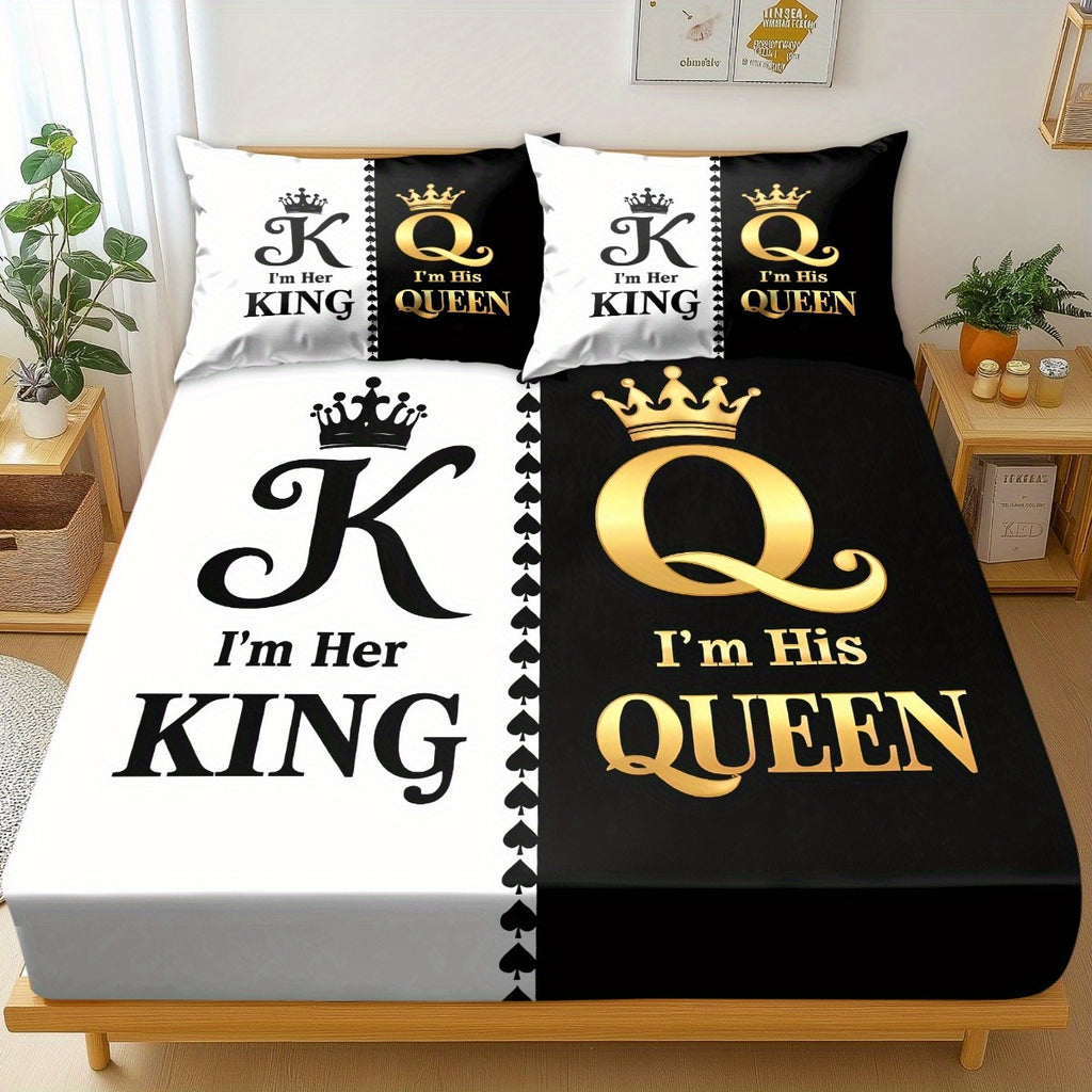 King & Queen Print Bedding Set 3pcs, Soft Cozy Non-Slip Lightweight Fitted Sheet with Elastic Corners And Matching Pillowcases, Fashion-Forwad Decorations for Dorm Bedroom Apartment Hotel, Idea for Christmas Birthday Gifts