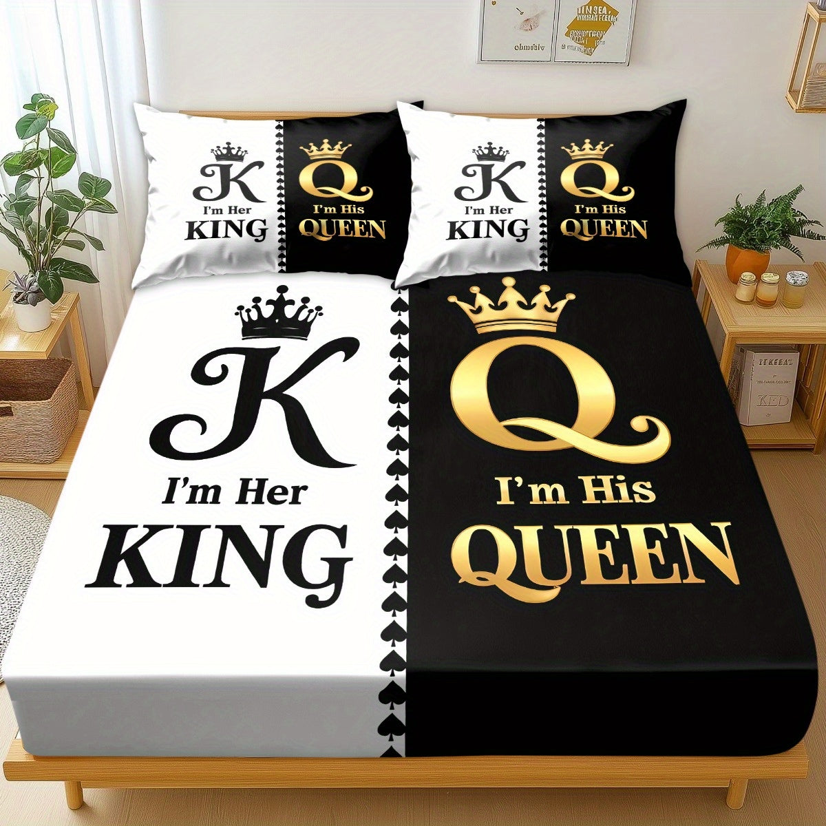 King & Queen Print Bedding Set 3pcs, Soft Cozy Non-Slip Lightweight Fitted Sheet with Elastic Corners And Matching Pillowcases, Fashion-Forwad Decorations for Dorm Bedroom Apartment Hotel, Idea for Christmas Birthday Gifts