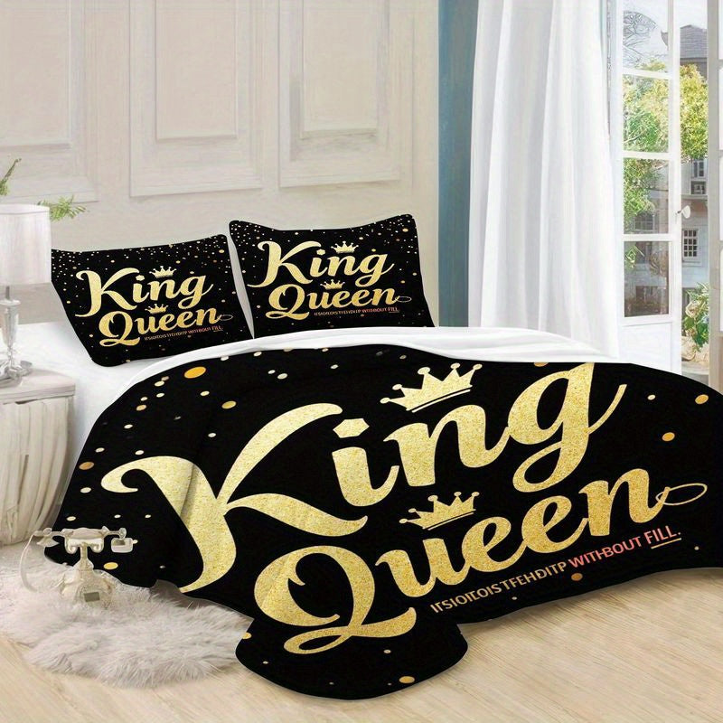 3pcs Luxury King Queen Crown Bedding Golden Letter Print Duvet Cover, Modern Romantic Black Theme Bedroom Decor, Soft Polyester Fabric for Master Guest Room 1 Duvet Cover+2 Pillowcases, Queen Size Bedding Set, King Size Christmas Bedding Sets, Queen Bed