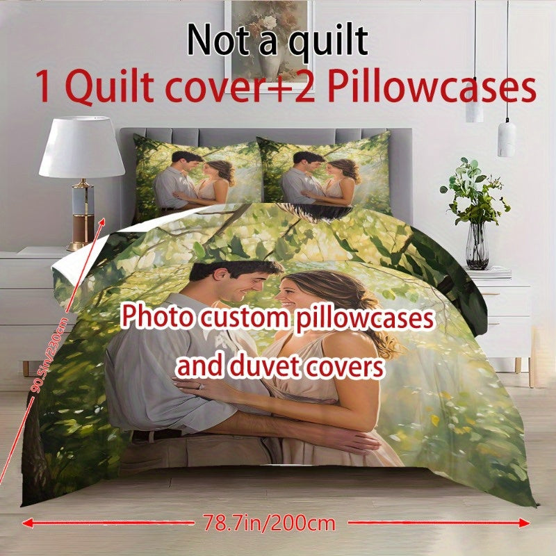 Customize Your Personalized Photos 2/3pcs Set – Exclusive Couple Photo Quilt Cover & Pillowcase Set for All Seasons, Polyester Fabric with Zipper Closure and Single-Sided Printing, Machine Washable – Bedding Set (1x Quilt + 2x Pillows), No Inserts,