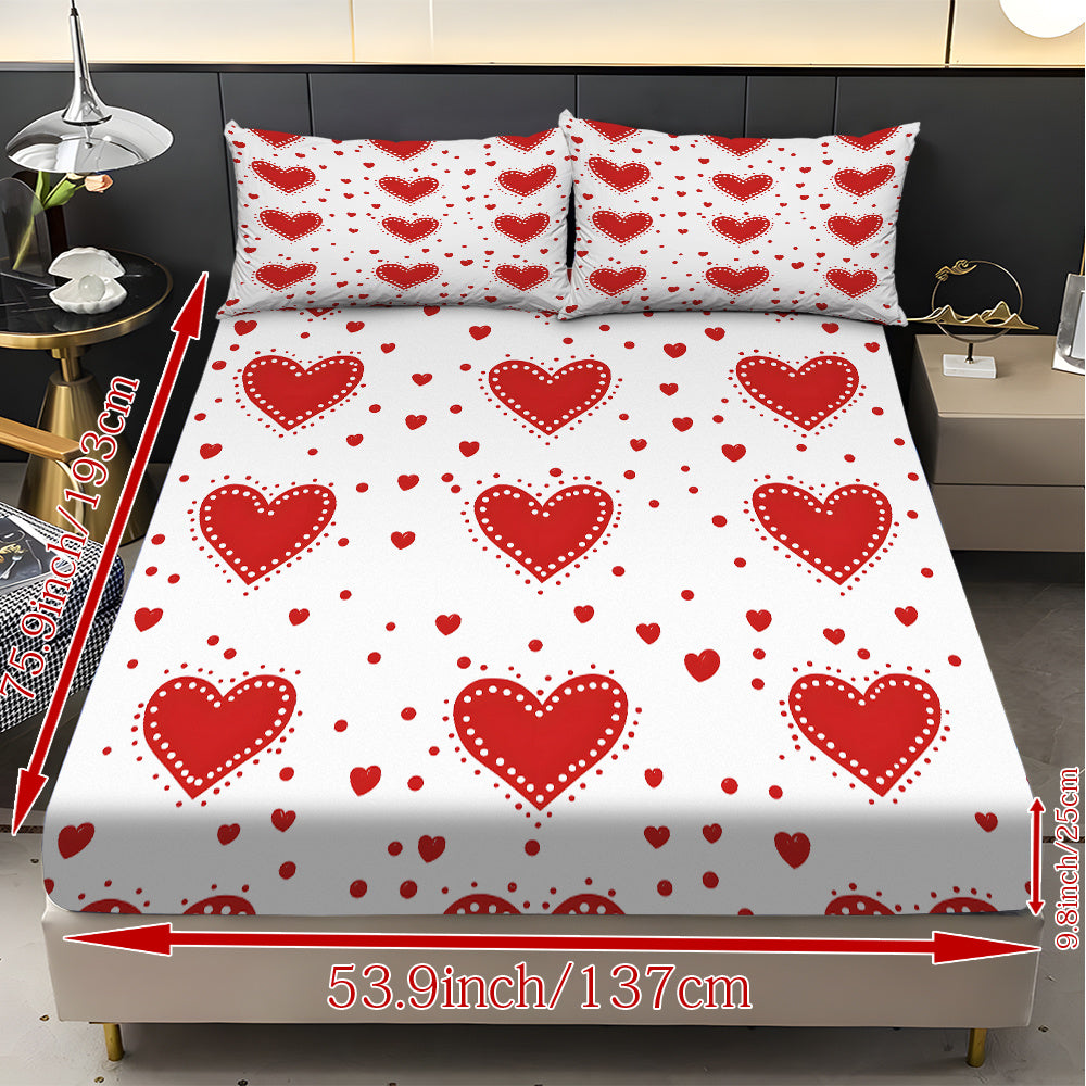 3pcs Valentine'S Day Bedding Set - Red Hearts on White Fitted Sheet & Pillowcases, Soft Mattress Protector with Deep Pocket (Fits Up to 11.42inch), Machine Washable All-Season Sheets for Couples, Hotels, Dorms - Coreless Design, Dorm Essentials, Romantic