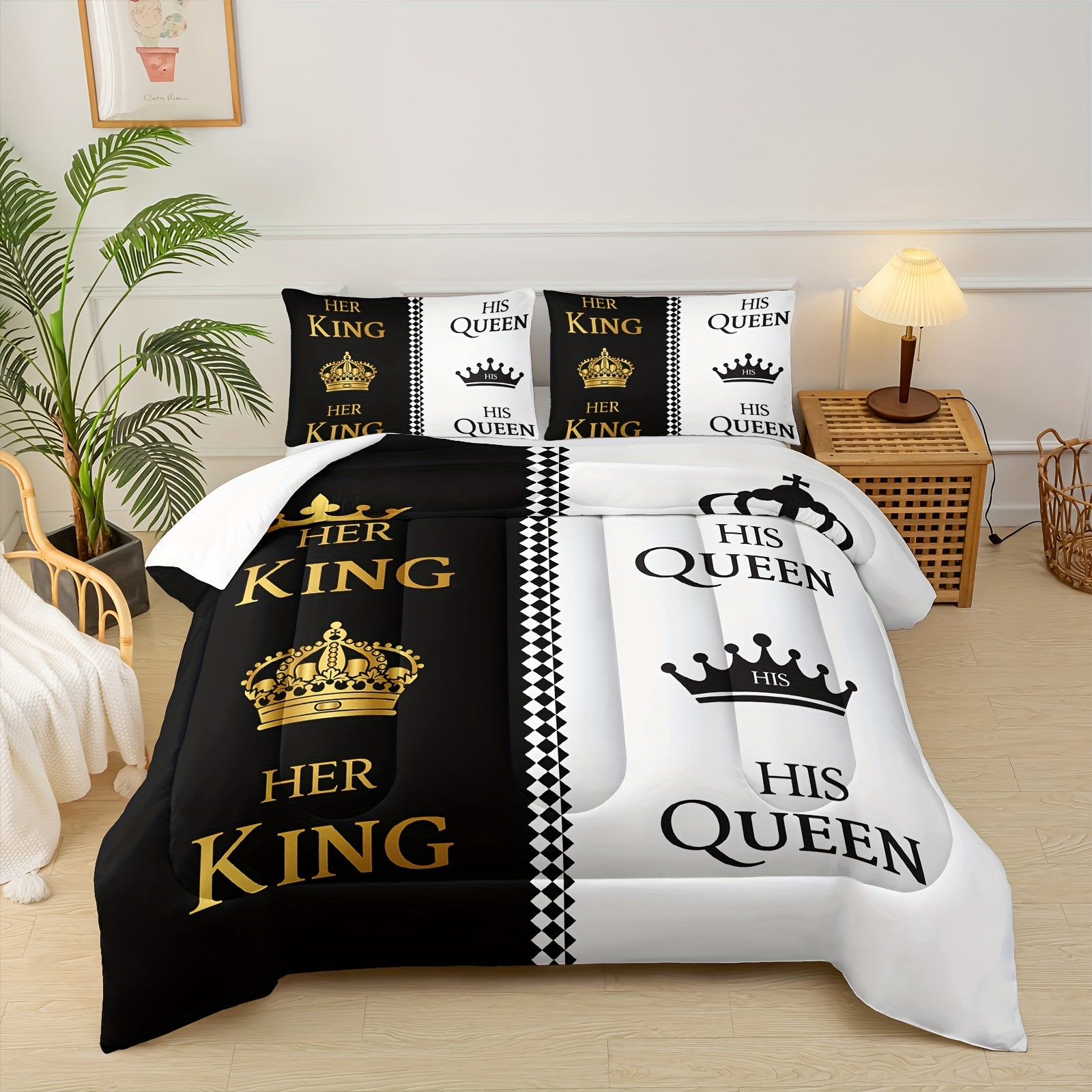 3pcs Queen And King Crown Letter Print Couple Comforter Set, His And Hers Quilt Set Black White Golden Bedding Set, Romantic Valentine'S Day Theme Mr Mrs Bedding Set for Bedroom Decor, Soft Microfiber Couple Comforter Set with 2 Pillowcase