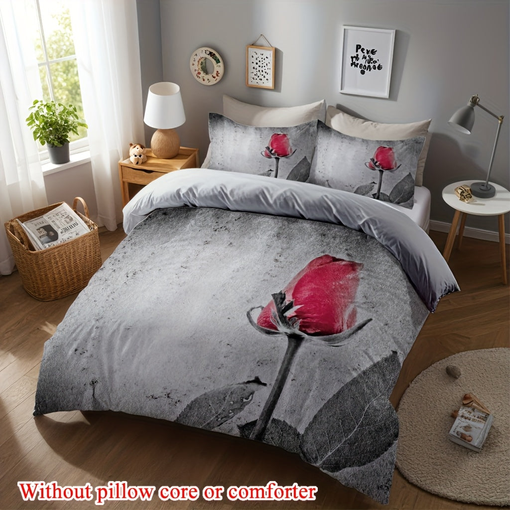 2/3pcs (1 Duvet Cover + 1/2 Pillowcase, Without Core) Retro Grey Background Red Rose Flowers Romantic Love Valentine'S Day Couple Print Soft Comfortable Bedding Set for Bedroom Dorm Room Family Gift