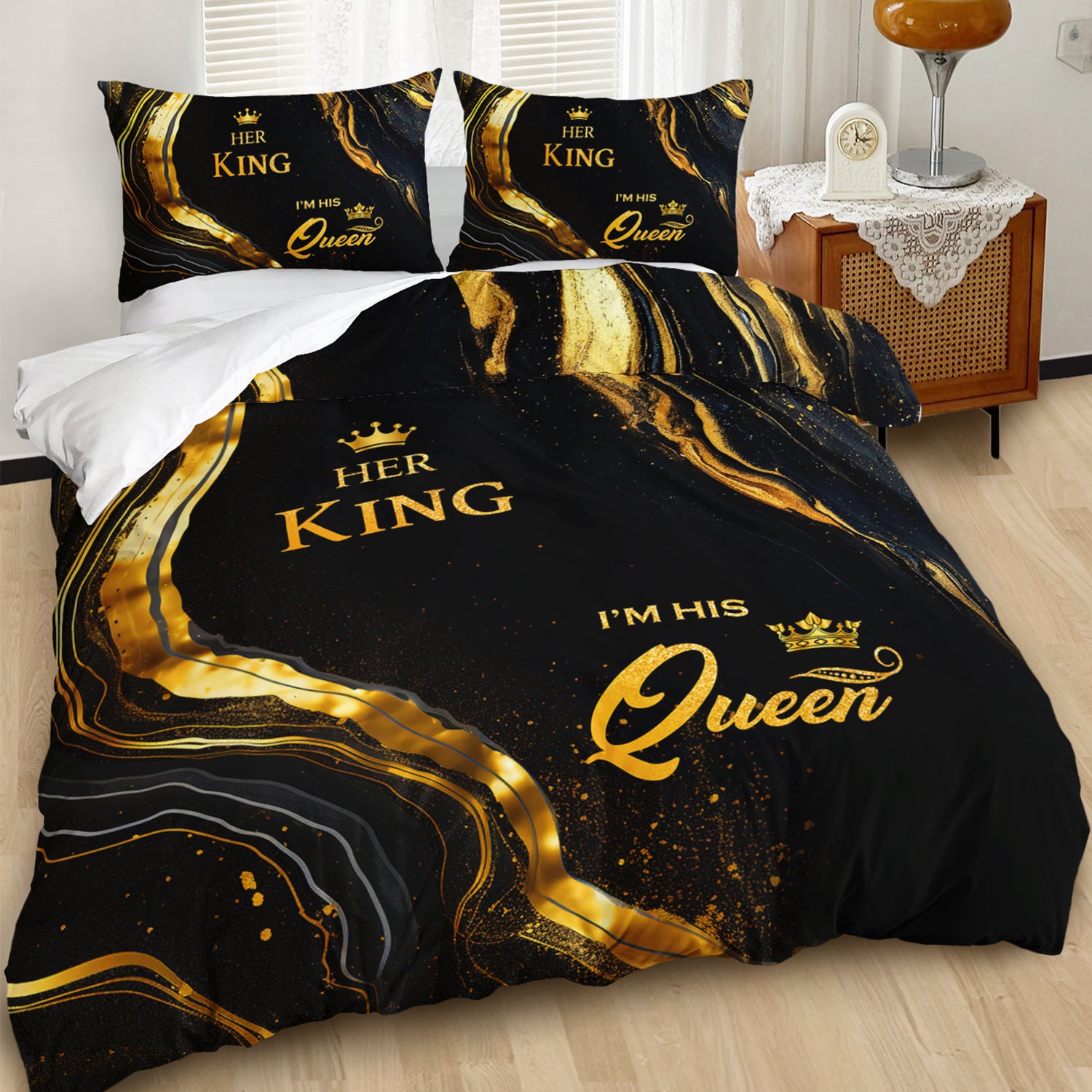 3pcs King Queen Couple 3D Digital Printed Duvet Cover Set Romantic Luxury Bedding Set for Four Season Black Golden Bedding for Bedroom or Guest Room Decor Polyester Comforter Cover Gift 1 Quilt Cover+2 Pillowcases