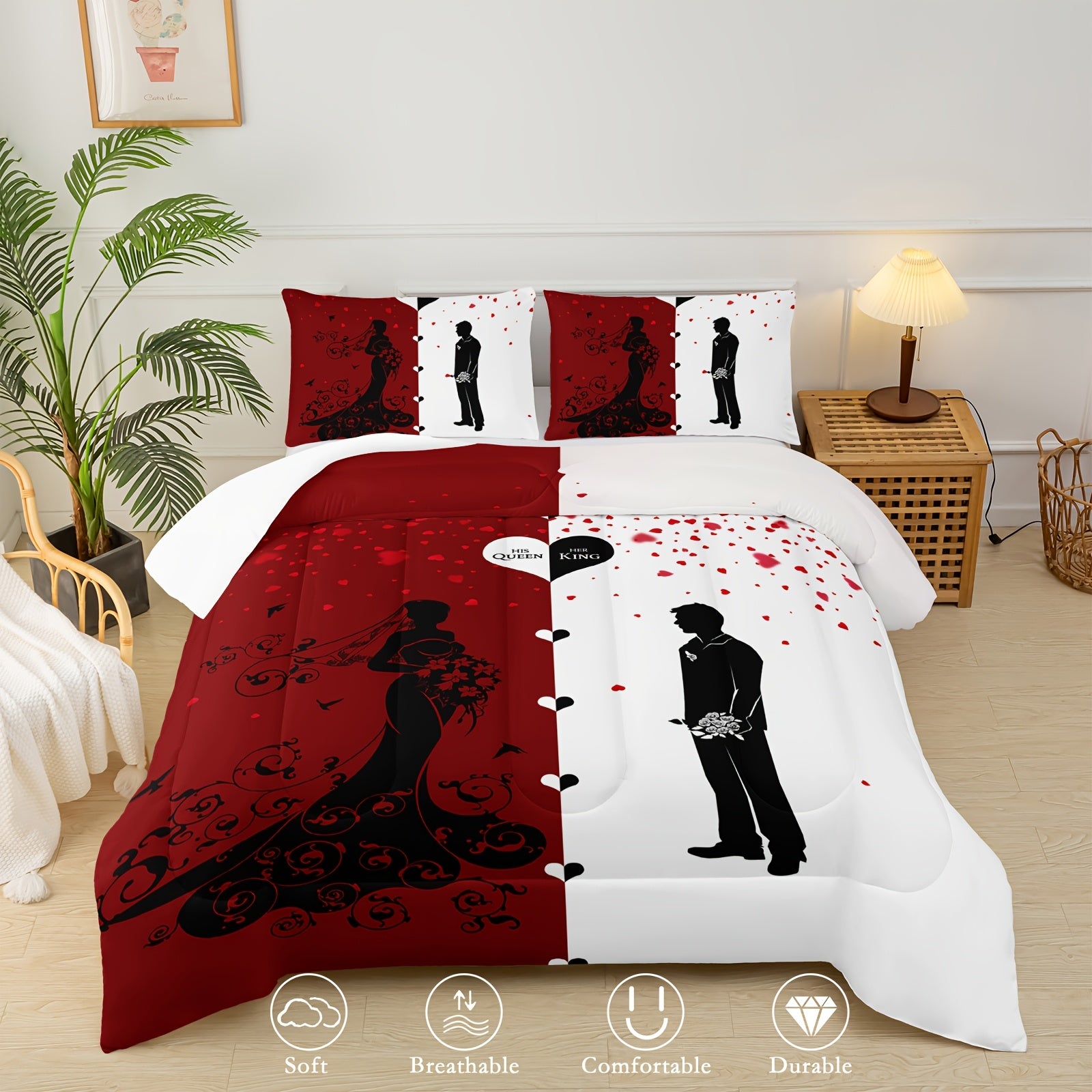 3pcs Set Valentine's Day Love Comforter Set, Red And White Bedding Set (1 Bed Comforter + 2 Pillow Cases), Four Seasons Comforter, Soft Comfortable And Breathable Printed Bedding for Home Dorm Decoration