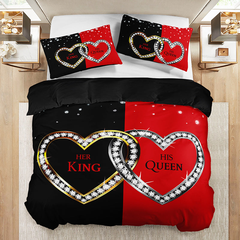 3pcs King Queen Hearts Luxury Bedding Duvet Cover Set Couple Bedding Quilt Set Romantic Themed Bed Quilt Set Anniversary Bedroom Decor Bed Quilt Set Four Seasons (1Duvet Cover + 2Pillowcase NO Comforter)