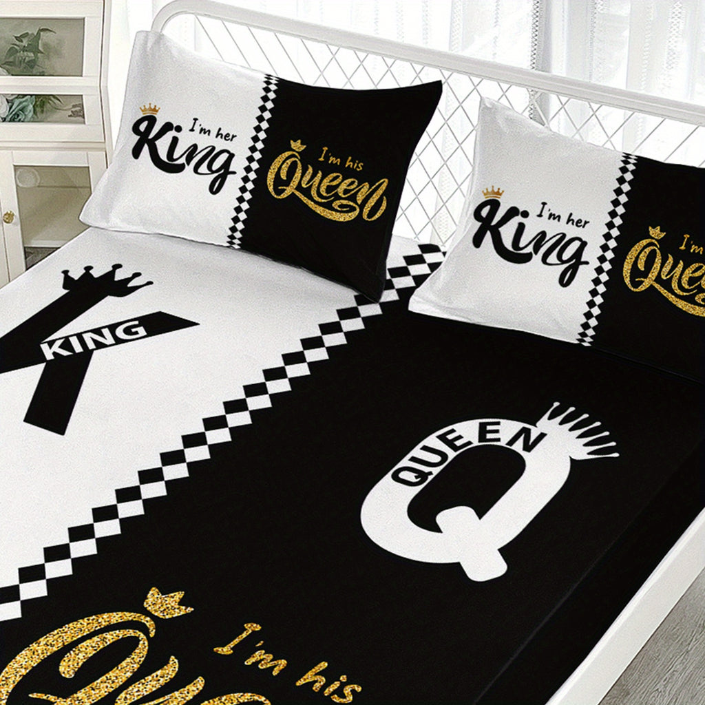 3pcs King Queen Fitted Sheets Black White Printed Bed Sheet Set for Bedroom Dormitory And Guest Decoration Couple Pattern Bedding Set1 Fitted Sheet + 2 Pillowcases Without Core