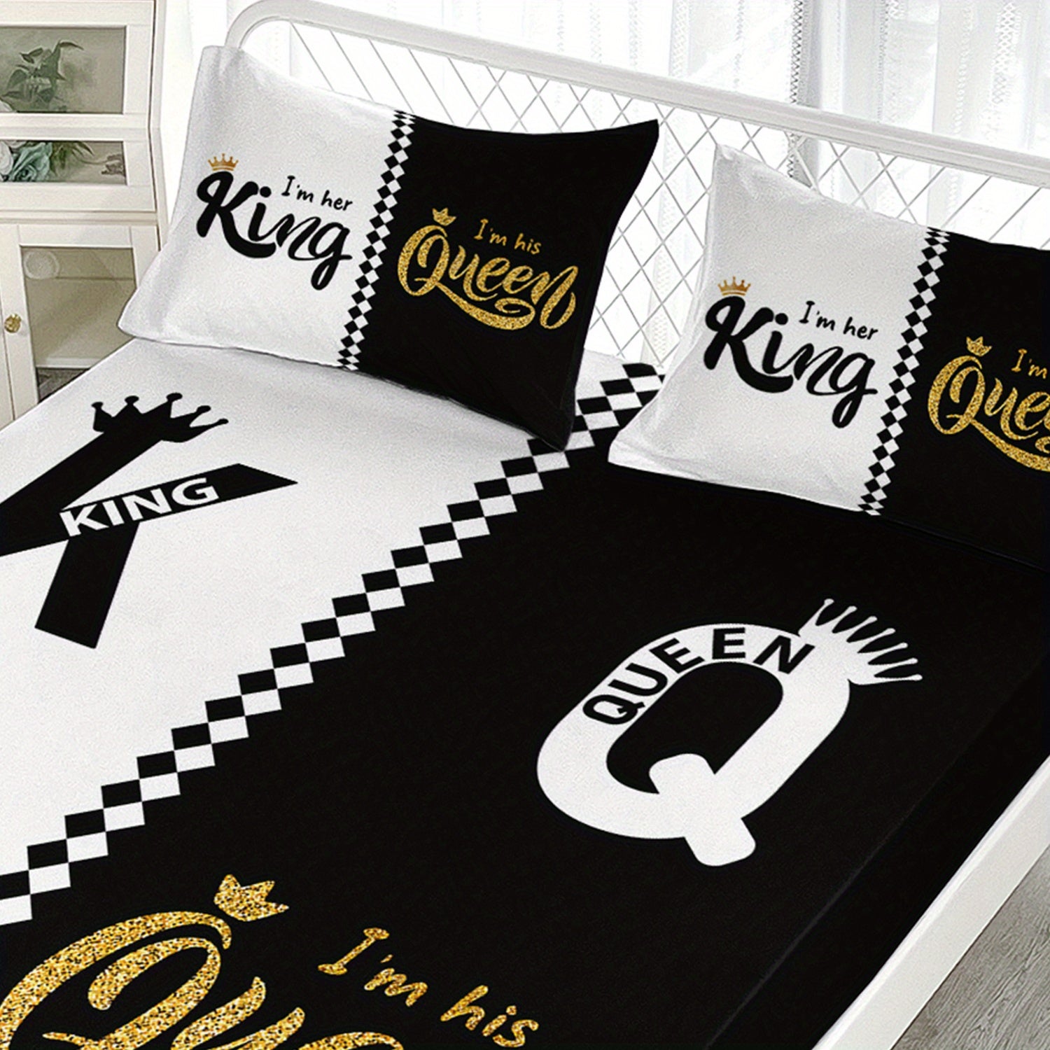 3pcs King Queen Fitted Sheets Black White Printed Bed Sheet Set for Bedroom Dormitory And Guest Decoration Couple Pattern Bedding Set1 Fitted Sheet + 2 Pillowcases Without Core