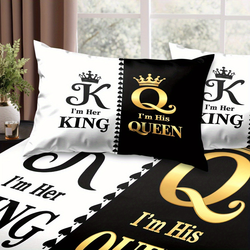 King & Queen Print Bedding Set 3pcs, Soft Cozy Non-Slip Lightweight Fitted Sheet with Elastic Corners And Matching Pillowcases, Fashion-Forwad Decorations for Dorm Bedroom Apartment Hotel, Idea for Christmas Birthday Gifts