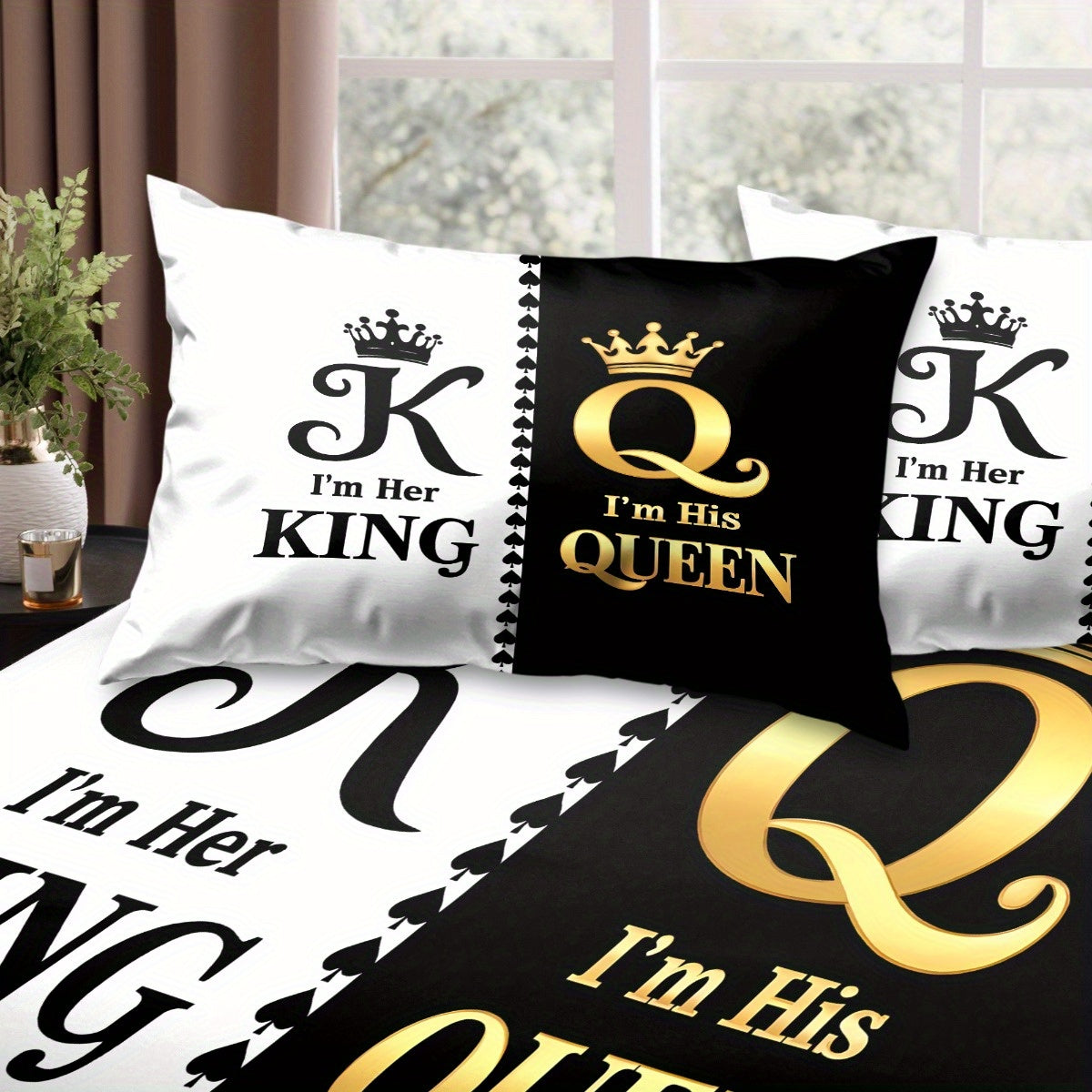 King & Queen Print Bedding Set 3pcs, Soft Cozy Non-Slip Lightweight Fitted Sheet with Elastic Corners And Matching Pillowcases, Fashion-Forwad Decorations for Dorm Bedroom Apartment Hotel, Idea for Christmas Birthday Gifts