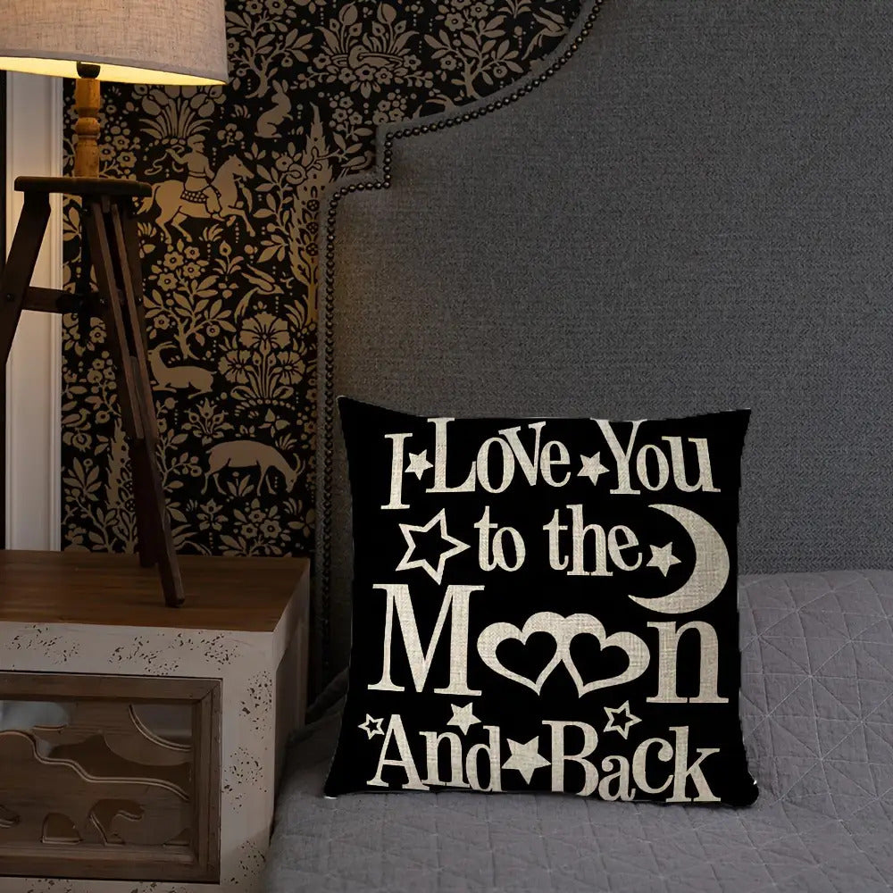 1pc Romantic "I Love You to the Moon and Back" Plush Pillowcase - Black & White Retro Heart & Star Design with Cursive Lettering, Zipper Closure, Soft Plush Texture - Valentine's Day Couples Gift, Wedding & Anniversary Decorative Cushion Cover for Bed,