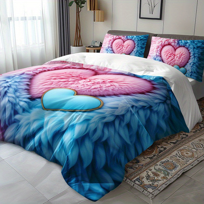 2/3pcs Pink Blue Feather Love Heart Duvet Cover Set (1 Duvet Cover + 1/2 Pillowcases Without Pillow Inserts), Four Seasons Home Dormitory High-definition Print Romantic Soft and Comfortable Couple Style