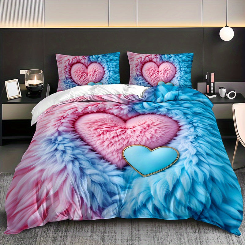 2/3pcs Pink Blue Feather Love Heart Duvet Cover Set (1 Duvet Cover + 1/2 Pillowcases Without Pillow Inserts), Four Seasons Home Dormitory High-definition Print Romantic Soft and Comfortable Couple Style