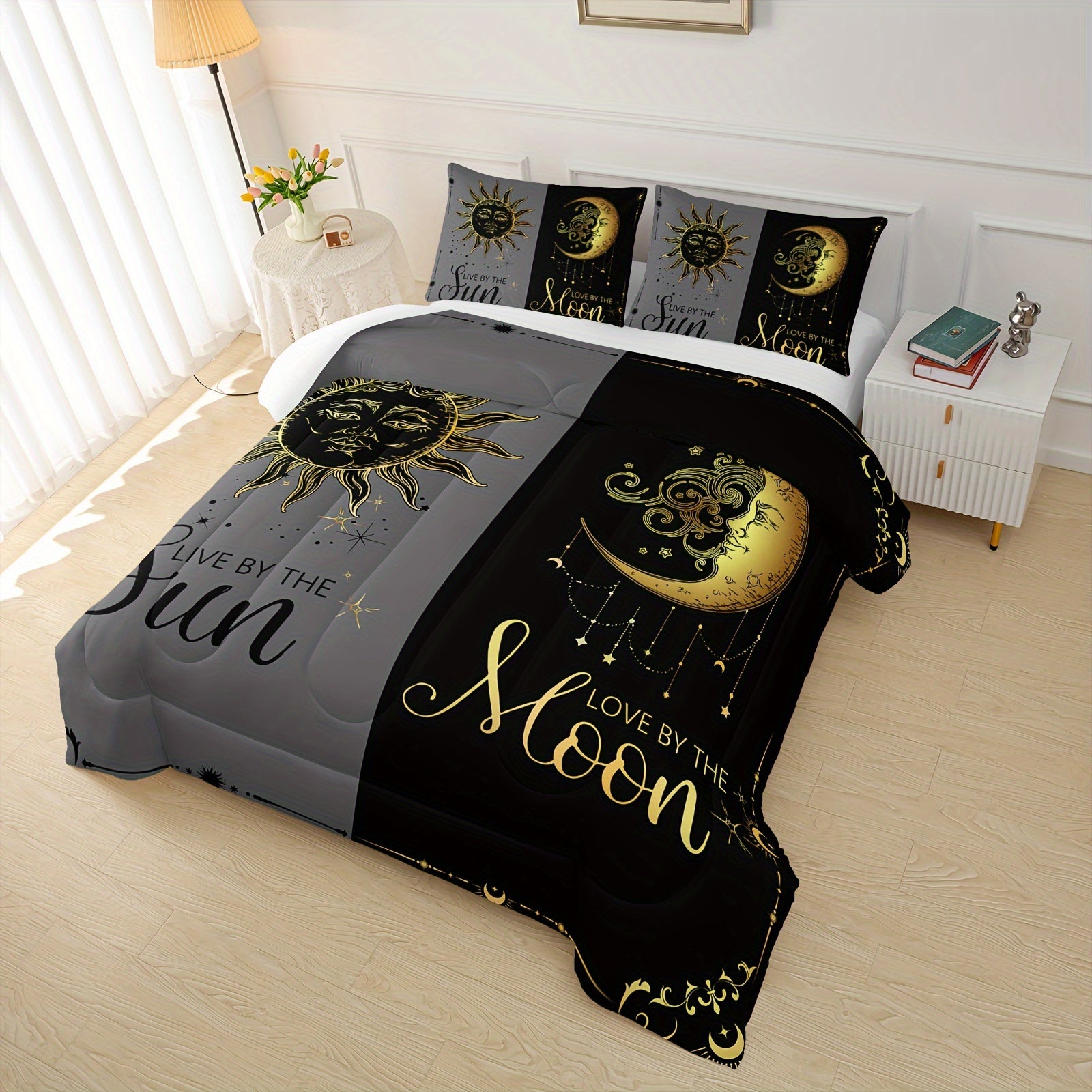 3-pcs Couple Comforter Set, Sun And Moon Themed Printed Bedding, Creative Design Queen And King Comforter Set For Adults Elegant And Comfortable Down Comforter Set (1*Comforter + 2*Pillowcase, Without Core)