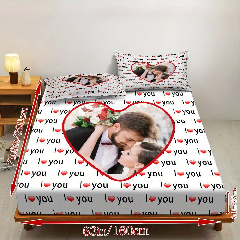 Custom 3pcs I Love You Personalized Printed Bedding Set, Couple Fitted Sheet Set - 1*Fitted Sheet + 2*Pillowcases, Coreless Elegant Design, Soft & Breathable Light Beige-Friendly Bed Linens in Multiple Sizes, Perfect Home Decor with Comfortable Mattress