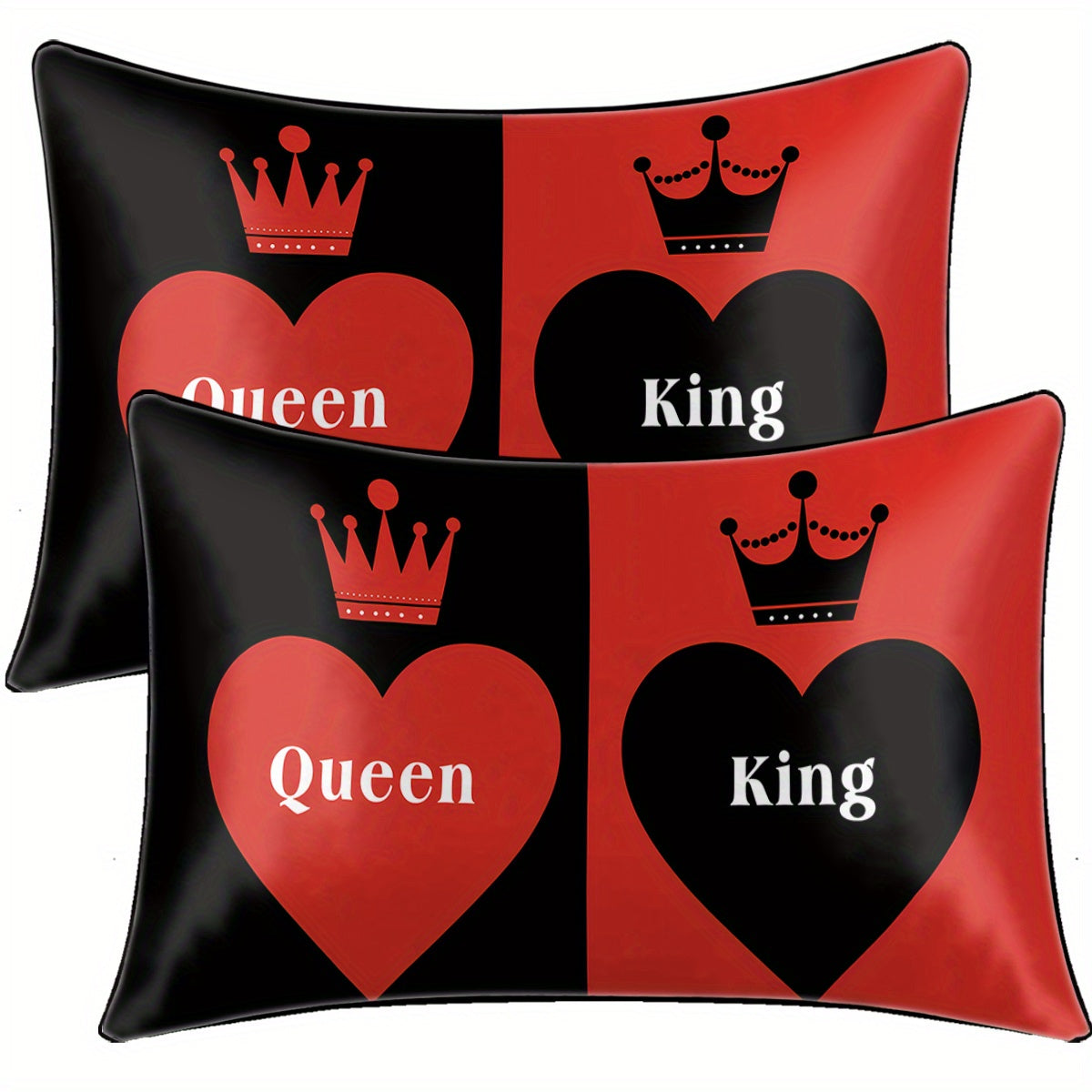 2pcs Royal Crown & Heart Print Satin Pillow Covers - "Queen" & "King" Design, 100% Polyester, Machine Washable, Perfect for Bedroom Decor, Bedroom Decor|Royal Theme Decor|Smooth Texture