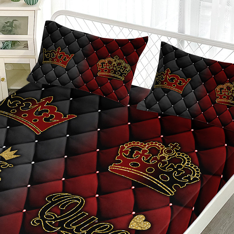3pcs King Queen Crown Luxury Bedding Fitted Sheet Set Couple Bedding Sheet Set Set Romantic Bed Sheet Set Set King Queen Bedroom Decor Bed Sheet Set Set Four Seasons (1Fitted Sheet+ 2Pillowcase NO Comforter)