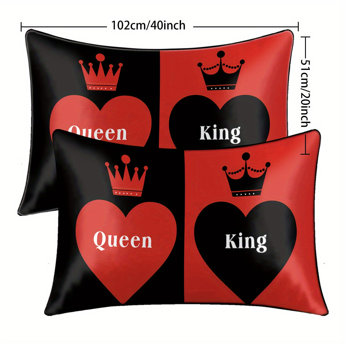 2pcs Royal Crown & Heart Print Satin Pillow Covers - "Queen" & "King" Design, 100% Polyester, Machine Washable, Perfect for Bedroom Decor, Bedroom Decor|Royal Theme Decor|Smooth Texture