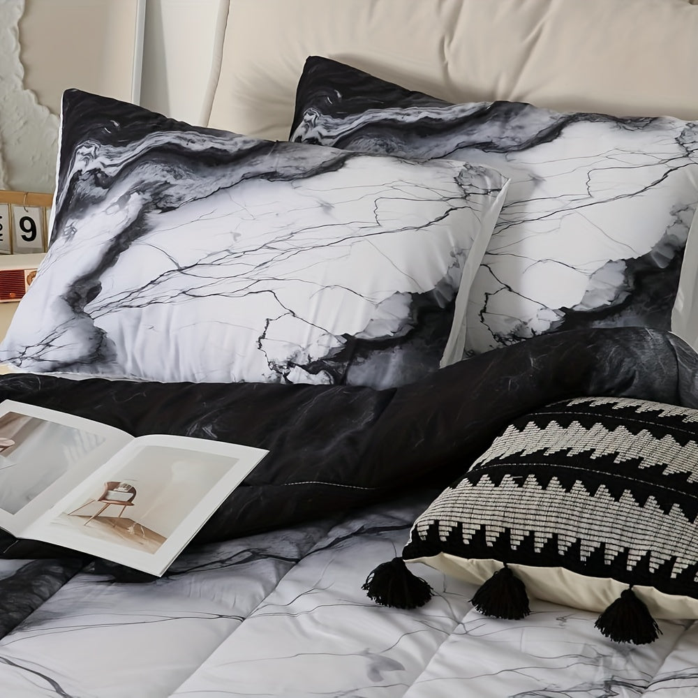 3pcs Marble Print Comforter Set Full/Queen/King Size Marbling Abstract Stone Texture Bedding Set Artwork Chinese Style Comforter Black White Grey for Women Men Adults Living Room Bedroom Decor with 1 Comforter And 2 Pillowcases Ink Wash Painting, Home
