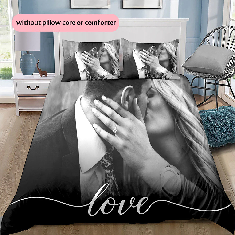 3D Picture Customization Customize Your Personalized Photo Quilt Cover Couple Valentine's Day Wedding Anniversary Quilt Cover Bedding Bedroom Christmas Decoration Christmas Gift (1 * duvet cover+2 * pillowcase, without core) --qiao1
